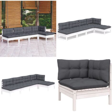 5-tlg. Garten-Lounge-Set mit Kissen Weiß Kiefernholz - Garten Lounge Set - Kiefernholz Möbel - Outdoor Furniture - Gartenmöbeln - Esszimmergarnitur - Home & Living