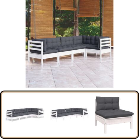 5-tlg. Garten-Lounge-Set mit Kissen Weiß Kiefernholz - Garten Lounge Set - Kiefernholz Möbel - Outdoor Möbel - Gartengeräte - Garten Deko