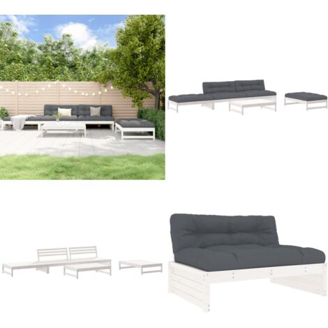 5-tlg. Garten-Lounge-Set mit Kissen Weiß Massivholz - Gartensofa - Loungesessel - Gartenmöbeln - Rattan Möbel - Holz Gartenmöbel - Home & Living