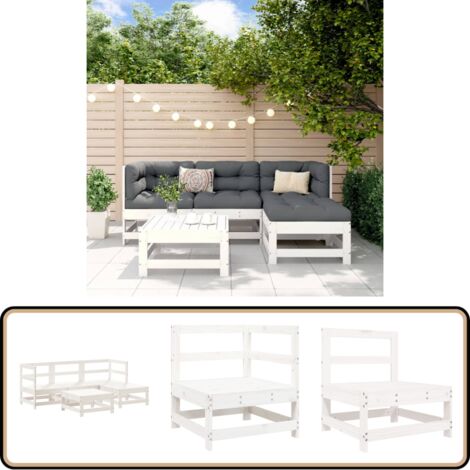 5-tlg. Garten-Lounge-Set Weiß Massivholz Kiefer - Gartenmöbel - Loungesessel - Gartenloungeset - Rattan Möbel - Kiefernholzmöbel