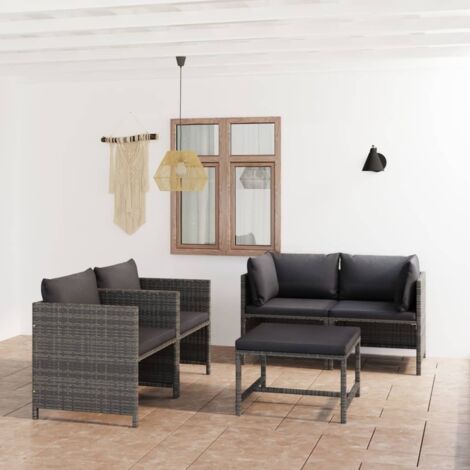 5-tlg. Garten-Lounge-Set，Gartenmöbel-Set mit Kissen Poly Rattan Grau vidaXL