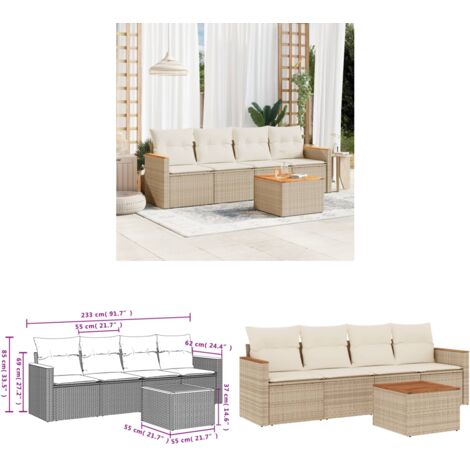 5-tlg. Garten-Sofagarnitur mit Kissen Beige Poly Rattan - Gartenmöbel Set - PE-Rattan Möbel - Outdoor Sofa - Esstisch - Lounge Set - Home & Living