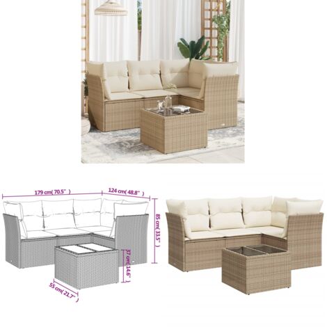 5-tlg. Garten-Sofagarnitur mit Kissen Beige Poly Rattan - Gartenmöbel Set - PE-Rattan Möbel - Outdoor Sofa - Lounge Set - Esstisch - Home & Living