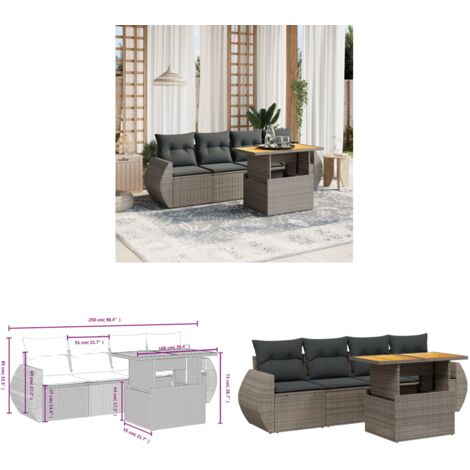 5-tlg. Garten-Sofagarnitur mit Kissen Grau Poly Rattan - Gartengestelle - Gartenmöbelset - PE-Rattan Möbel - Outdoor Lounge Set - Balkonmöbel - Home & Living
