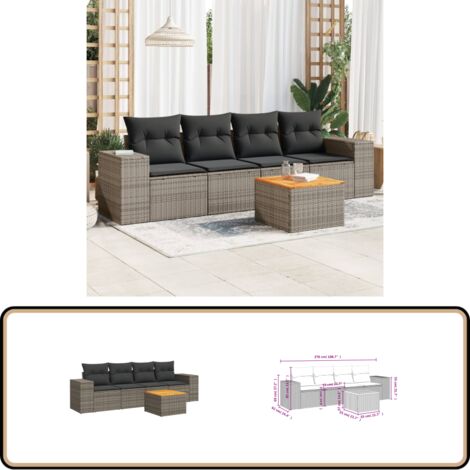 5-tlg. Garten-Sofagarnitur mit Kissen Grau Poly Rattan - Gartenmöbel - Outdoor Möbel - Rattan Gartenset - Lounge Set - Esstisch