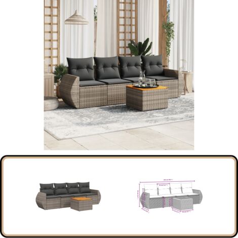 5-tlg. Garten-Sofagarnitur mit Kissen Grau Poly Rattan - Gartenmöbel - Outdoor Möbel - Rattan Gartenset - Lounge Set - Esstisch
