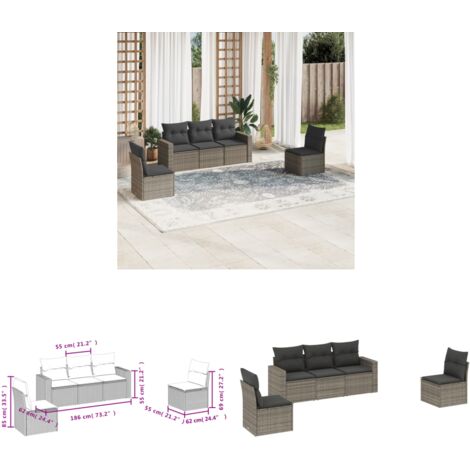 5-tlg. Garten-Sofagarnitur mit Kissen Grau Poly Rattan - Gartenmöbel - Polyethylen Möbel - Rattan Gartenmöbel - Outdoor Lounge Set - Balkonmöbel - Home & Living