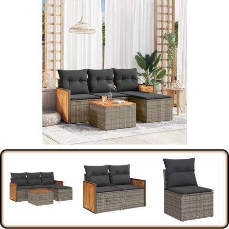 5-tlg. Garten-Sofagarnitur mit Kissen Grau Poly Rattan - Gartenmöbel Set - Rattan Möbel - Outdoor Lounge - Esstisch - Sofasitzgruppe