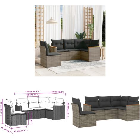 5-tlg. Garten-Sofagarnitur mit Kissen Grau Poly Rattan - Gartenmöbel - Sofasitzgruppe - PE-Rattan Möbel - Outdoor Sofa - Lounge Set - Home & Living
