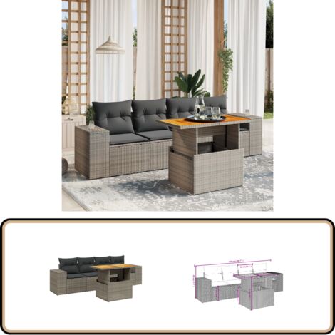 5-tlg. Garten-Sofagarnitur mit Kissen Grau Poly Rattan - Gartensorte - Gartenmöbelset - PE-Rattan Möbel - Outdoor Lounge Set - Balkonmöbel