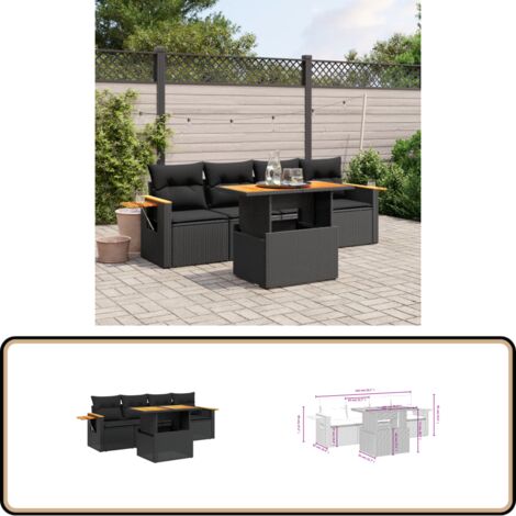 5-tlg. Garten-Sofagarnitur mit Kissen Schwarz Poly Rattan - Gartenmöbel - Outdoor Möbel - Rattan Gartenset - Lounge Set - Sofasitzgruppe