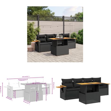5-tlg. Garten-Sofagarnitur mit Kissen Schwarz Poly Rattan - Gartenmöbel - Outdoor Möbel - Rattan Gartenset - Lounge Set - Sofasitzgruppe - Home & Living
