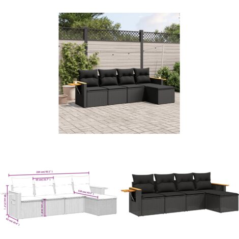 5-tlg. Garten-Sofagarnitur mit Kissen Schwarz Poly Rattan - Gartenmöbel - PE-Rattan Möbel - Outdoor Sofa Set - Lounge Set - Esszimmergarnitur - Home & Living