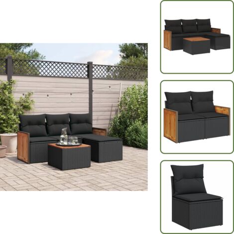 5-tlg. Garten-Sofagarnitur mit Kissen Schwarz Poly Rattan - Gartenmöbel Set - Rattan Möbel - Outdoor Lounge - Esstisch Set - Balkonmöbel