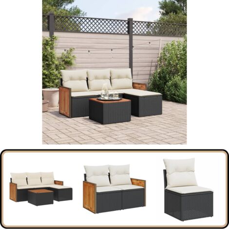 5-tlg. Garten-Sofagarnitur mit Kissen Schwarz Poly Rattan - Gartenmöbel Set - Rattan Möbel - Outdoor Lounge - Esstisch - Sofasitzgruppe