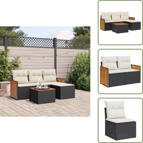 5-tlg. Garten-Sofagarnitur mit Kissen Schwarz Poly Rattan - Gartenmöbel Set - Rattan Möbel - Outdoor Lounge - Esstisch - Sofasitzgruppe