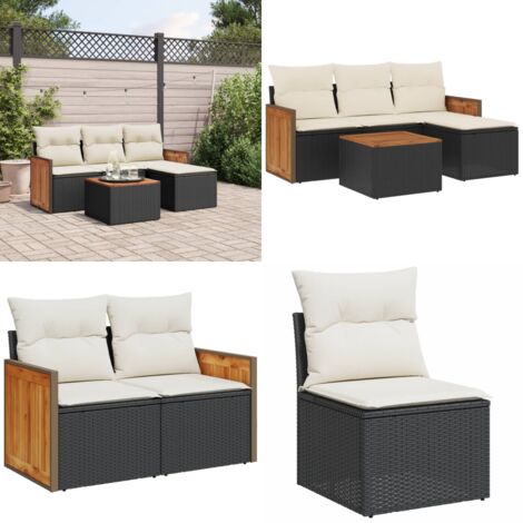 5-tlg. Garten-Sofagarnitur mit Kissen Schwarz Poly Rattan - Gartenmöbel Set - Rattan Möbel - Outdoor Lounge - Esstisch - Sofasitzgruppe - Home & Living