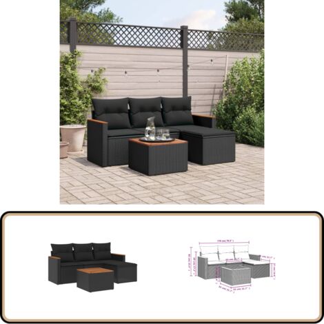 5-tlg. Garten-Sofagarnitur mit Kissen Schwarz Poly Rattan - Gartenmöbel - Sofasgarnitur - PE-Rattan - Outdoor Möbel - Esstisch