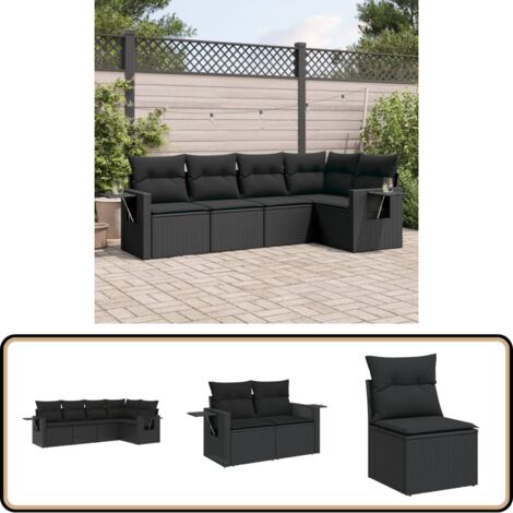 5-tlg. Garten-Sofagarnitur mit Kissen Schwarz Poly Rattan - Gartensorte - Gartenmöbelset - PE-Rattan Möbel - Outdoor Lounge Set - Balkonmöbel