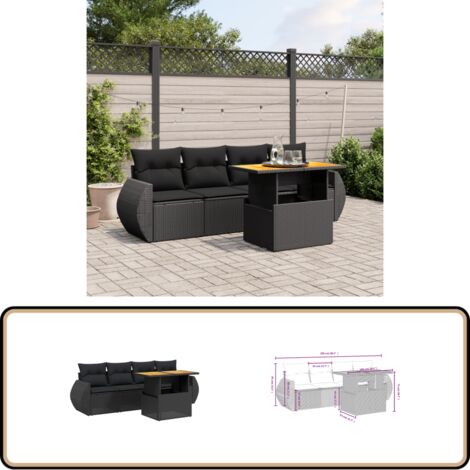 5-tlg. Garten-Sofagarnitur mit Kissen Schwarz Poly Rattan - Gartensorte - Gartenmöbelset - PE-Rattan Möbel - Outdoor Lounge Set - Balkonmöbel