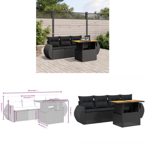 5-tlg. Garten-Sofagarnitur mit Kissen Schwarz Poly Rattan - Gartensorte - Gartenmöbelset - PE-Rattan Möbel - Outdoor Lounge Set - Balkonmöbel - Home & Living