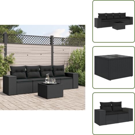 5-tlg. Garten-Sofagarnitur mit Kissen Schwarz Poly Rattan - Gartensorte - Outdoor Möbel - Gartenlounge - Esstischset - Lounge Set