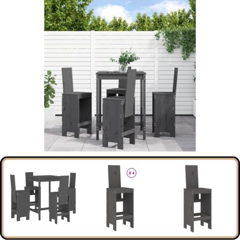 5-tlg. Gartenbar-Set Grau Massivholz Kiefer - Gartenbar - Gartenmöbeln - Esstisch - Barhocker - Kiefernholz