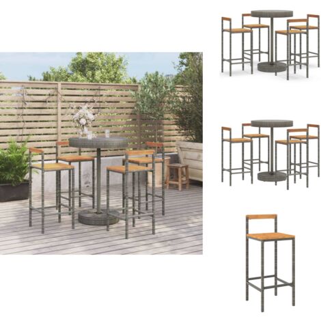5-tlg. Gartenbar-Set Grau Poly Rattan & Massivholz Akazie - Gartensitzgruppe - Outdoor Möbel - Gartenbar - Lounge Set - Esszimmergarnitur