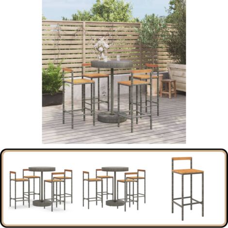 5-tlg. Gartenbar-Set Grau Poly Rattan & Massivholz Akazie - Gartensitzgruppe - Outdoor Möbel - Gartenbar - Lounge Set - Esszimmergarnitur