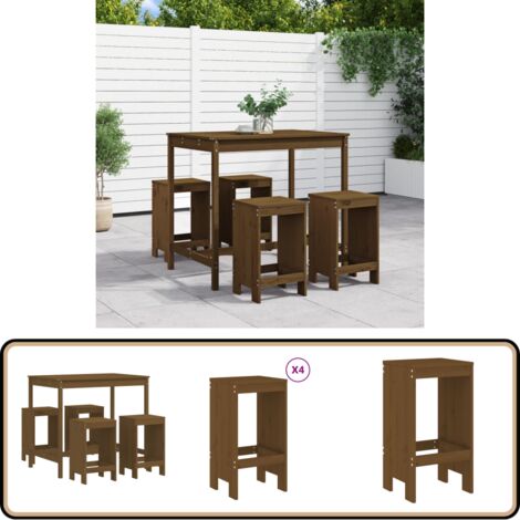 5-tlg. Gartenbar-Set Honigbraun Massivholz Kiefer - Gartentisch - Barhocker - Gartenmöbel - Outdoor Möbel - Holzmöbel