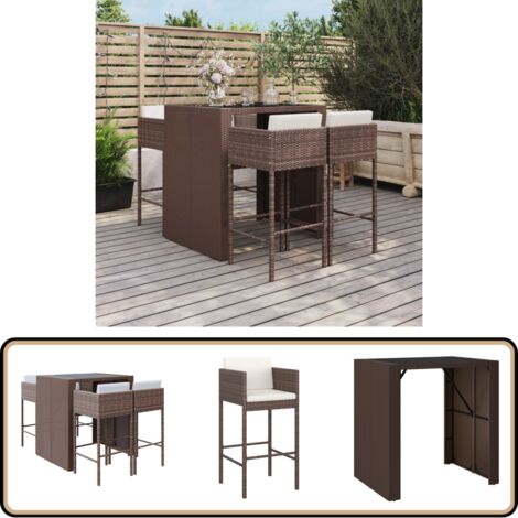 5-tlg. Gartenbar-Set mit Kissen Braun Poly Rattan - Gartensitzgruppe - Gartenbar - Outdoor Möbel - Esszimmergarnitur - Balkonmöbeln
