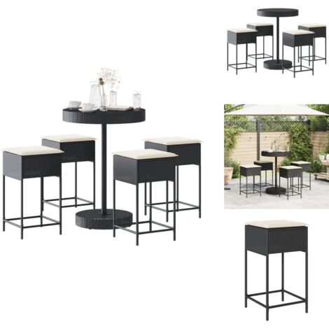 5-tlg. Gartenbar-Set mit Kissen Schwarz Poly Rattan - Gartensets - Gartenbar - Outdoor Möbel - Rattan Gartenmöbel - Wetterfest