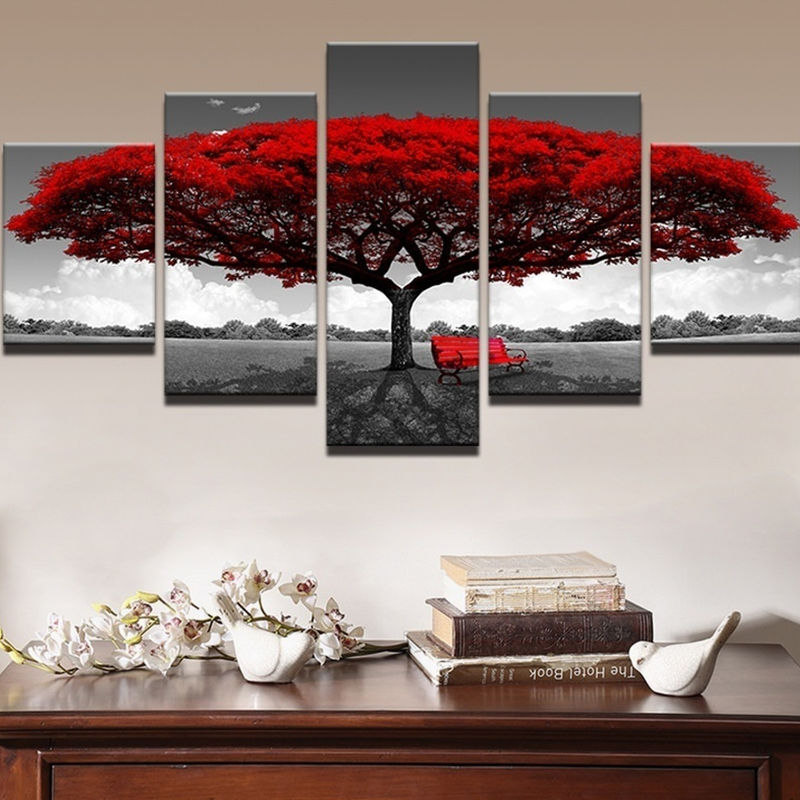 

5 Unids / set Decoración Moderna de la Pintura de la Lona Árbol Rojo Arte Lienzo Pintura Al Óleo Imagen Imprimir Sin Marco LAVENTE