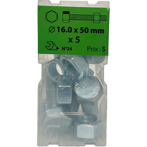 5 vis 16x50mm tête hexa + écrou  zingué Viswood