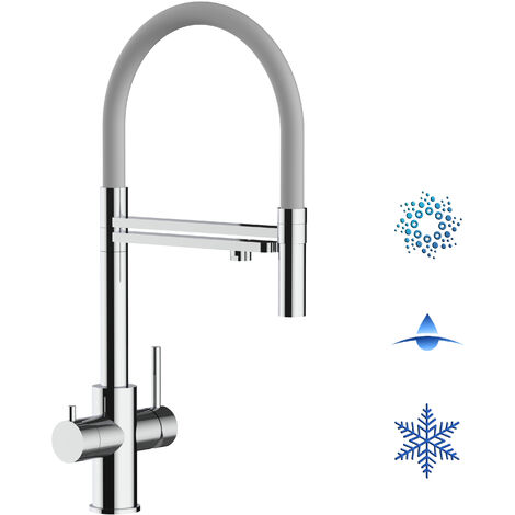 5 Wege Wasserhahn Edelstahl Massiv Kuechenarmatur mit Grau 360 schwenkbarem Auslauf und abnehmbare 2 strahl Handbrause - Edelstahl Hochglanz
