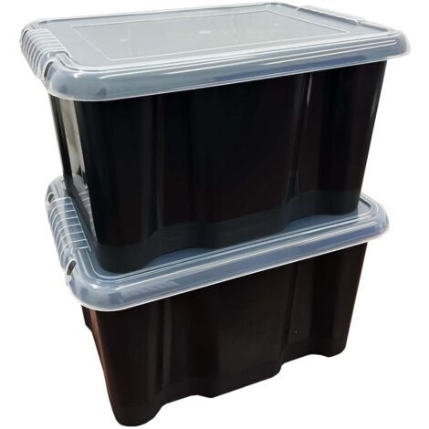 5 x 24 Litre Large Black Plastic Storage Box With See Through Lids