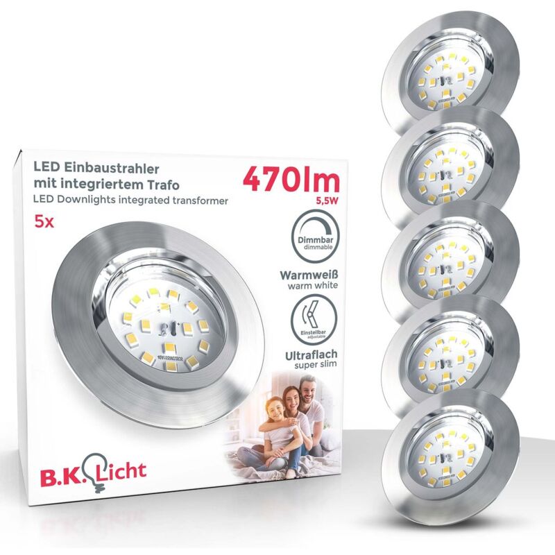 

5 x 5,5 W LED Focos empotrables extraplano regulable y giratorio GU10 Ø 82 mm, profundidad 28mm, blanco cálido 3000K 470lm, Downlight IP23