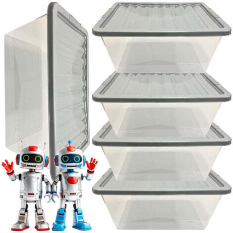 5 x 62L Stackable Clear Plastic Storage Boxes With Silver Lids
