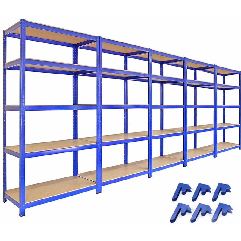 Monster Shop - Lot de 5 Étagères de Rangement en Acier T-Rax Bleu - 180x90x45cm - Capacité Totale 7000KG - Organisation Garage Bricolage Atelier