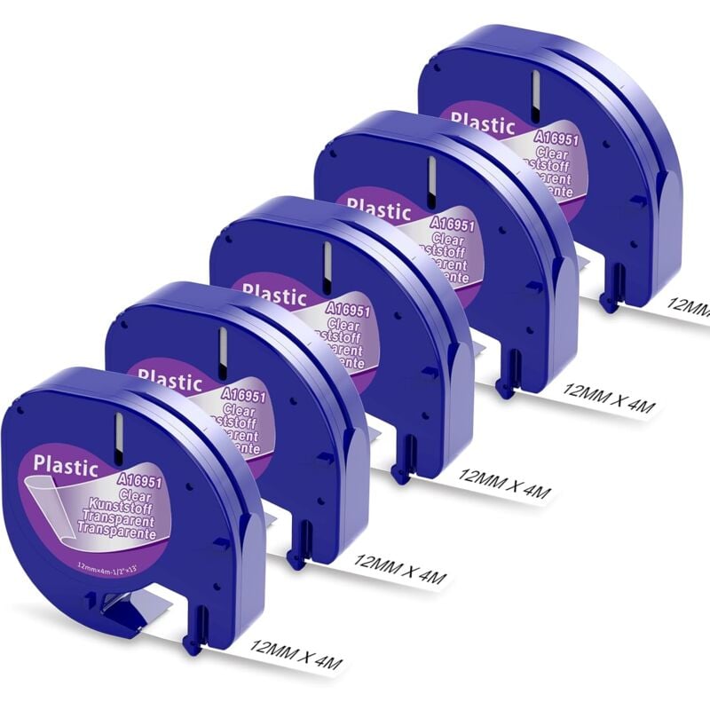 5 x Ruban Compatible avec Dymo Letratag Ruban Transparent 12mm x 4m, Ruban Recharge pour Dymo Transparent 12267 S0721530 Compatible avec Dymo