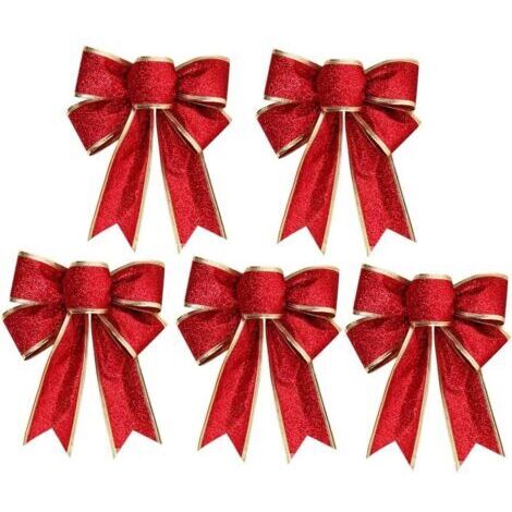 5 x Weihnachtsschleifen aus glitzerndem rotem Stoff, Breite ca. 12-14 cm