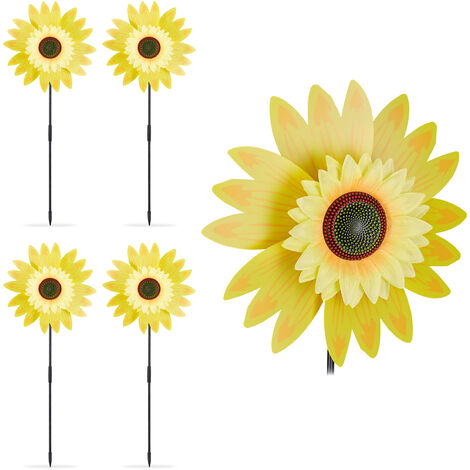 5 x Windrad Blume, Deko Sonnenblume, für Kinder, für Balkon, Terrasse und Garten, Gartenstecker, 70 cm hoch, gelb