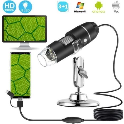 50-1000X Zoom USB Microscope Numérique 8LED Endoscope, Microscope numérique portatif USB X1000 caméra à microscope à 8 LED 3 en 1