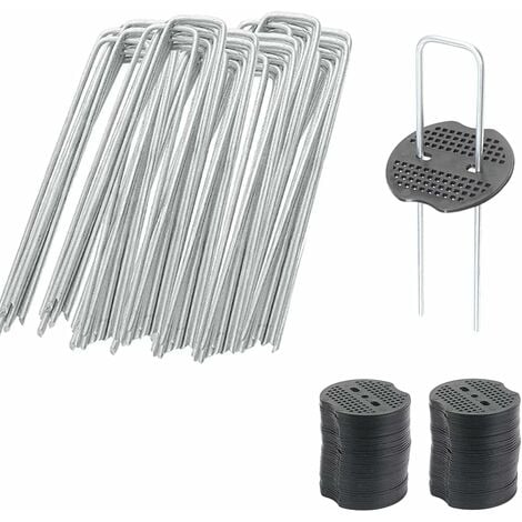 NAXUNNN 50 Agrafes de Jardin avec 50 Rondelles, Ancrage au Sol pour Maille Anti-Mauvaises Herbes, Piquets de Camping, Piquets en Forme de U, 150 mm de Long, 2,5 mm de Diamtre