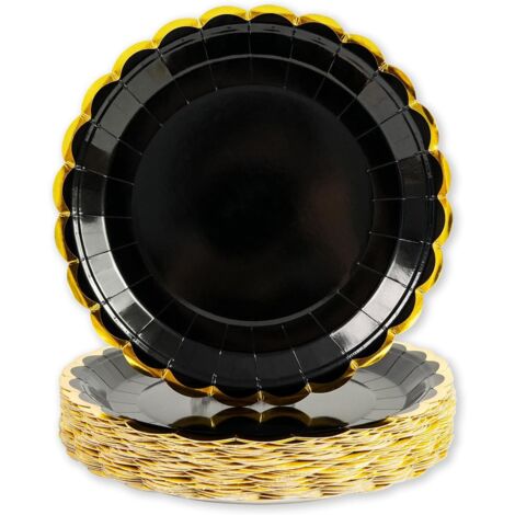 50 Assiette Jetable, Carton Festonné 23cm, Noir Or, Dessert Apéritif, Anniversaire Mariage