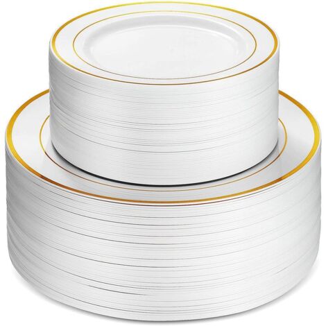 50 Assiettes en Plastique Bord Doré et Argenté, 25 Assiettes à Dîner 6 Pouces et 25 Assiettes à Salade 9 Pouces pour Fêtes