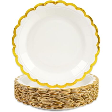 50 Assiettes Jetables, Bordure Festonnée Or Blanc, Carton Alimentaire 18cm, Anniversaire Mariage