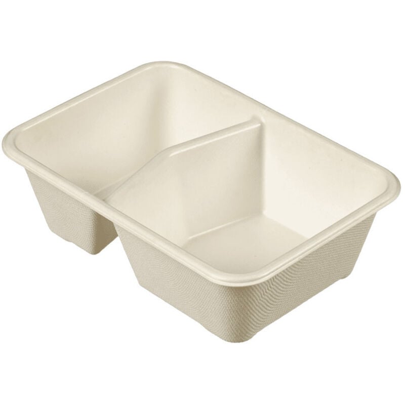 D-work - Barquettes 2 Compartiments en Pulpe de Canne Biodégradables - 50 Pièces - 179 x 127 x 55 mm - 705 ml (445+260 ml) - Résistantes aux Graisses