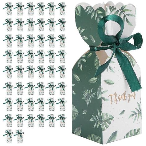 50 boîtes à dragées pour mariage, emballage cadeau pour invités, boîtes cadeaux d'anniversaire avec ruban et feuilles vertes
