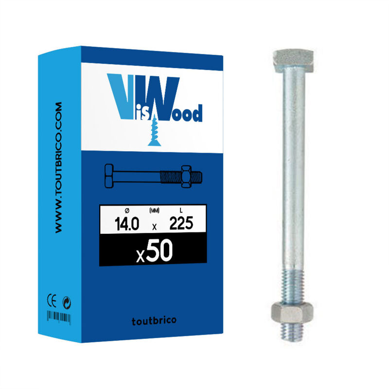 50 boulons de charpente tête carrée 14x225mm zingué Viswood